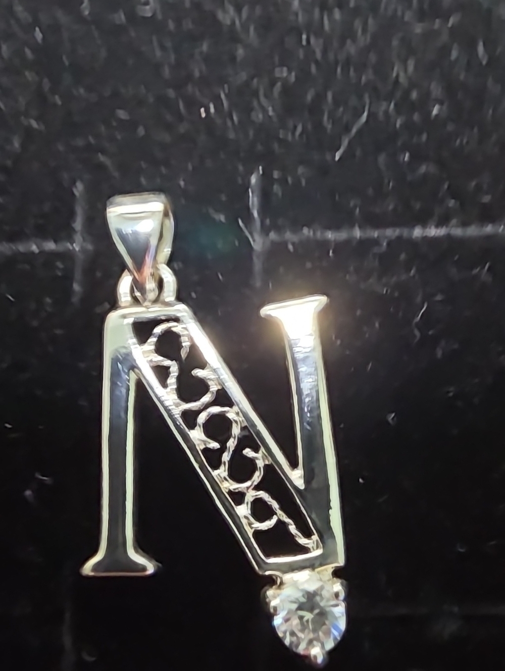 Sterling Silver 925 Letter N Pendant with Clear Stone - Silver